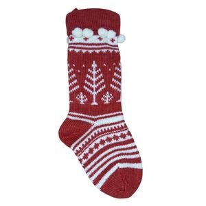 Vintage Christmas Stocking Hand Knit Red White Tree Pom Poms Holiday Decor